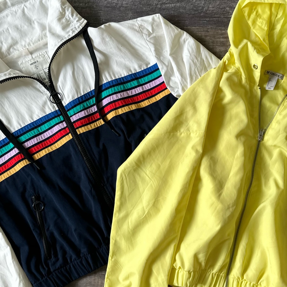 Forever 21 Spring Summer Beach Yellow & White Blue Zip-Up Jacket windbreaker - Picture 6 of 6
